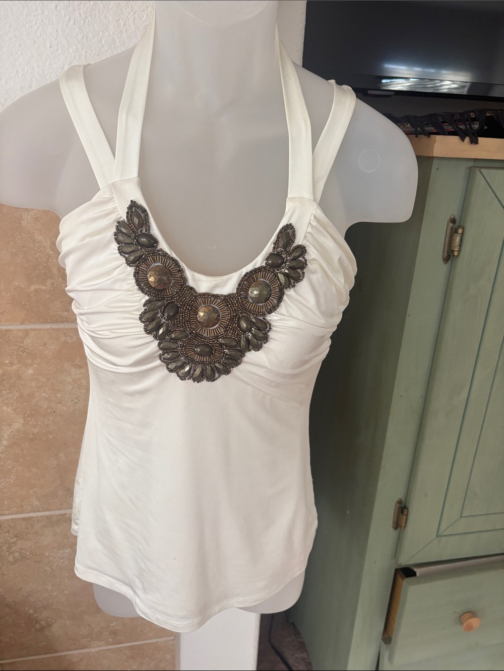 Cache White Halter Camisole with Bronze Beaded Bib